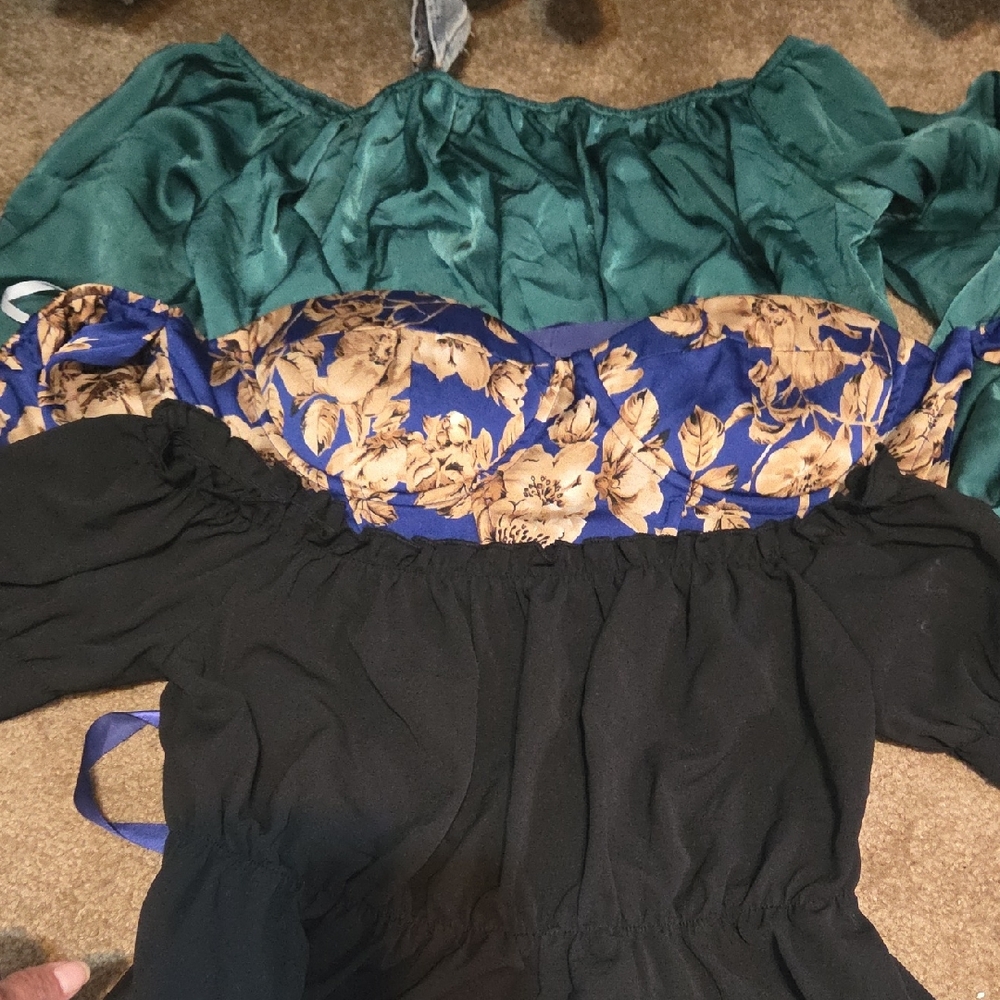 SHEIN Green, Blue, and Black Off-Shoulder Blouse Set